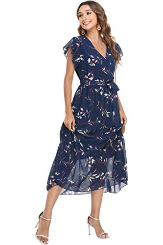 VintageClothing Womens Sundress Casual Floral Summer Boho Dress Flowy Wrap V Neck Ruffle A-Line Pleated Hem Midi Dresses, Navy with Floral, M | Amazon (US)