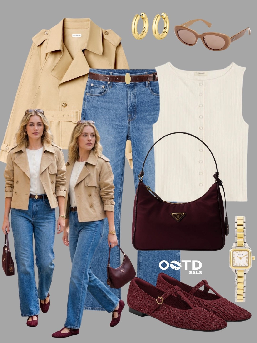 Parisian Neutrals with a Twist 🤎🍷

Classic trench and denim get an upgrade with deep burgundy accents that add richness without overpowering the look. It’s timeless, but with just enough edge to feel modern.

Effortless, polished, and quietly bold.

✨ Style Details:
• Cropped trench coat for a structured, chic layer  
• Cream ribbed top for a soft, minimal base  
• Straight-leg blue jeans for everyday ease  
• Burgundy flats for a subtle statement  
• Matching burgundy bag to tie it all together  
• Gold jewelry + watch for a refined finish  
• Neutral sunnies for that off-duty feel  

Classic tones, elevated mood ✨

#LTKStyle #LTKParisian #LTKCapsule

#LTKSeasonal #LTKgrwm #LTKootd