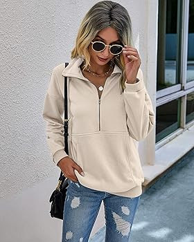 PRETTYGARDEN Women’s Casual Long Sleeve Lapel Zipper Sweatshirt Drawstring Loose Pullover Tops | Amazon (US)