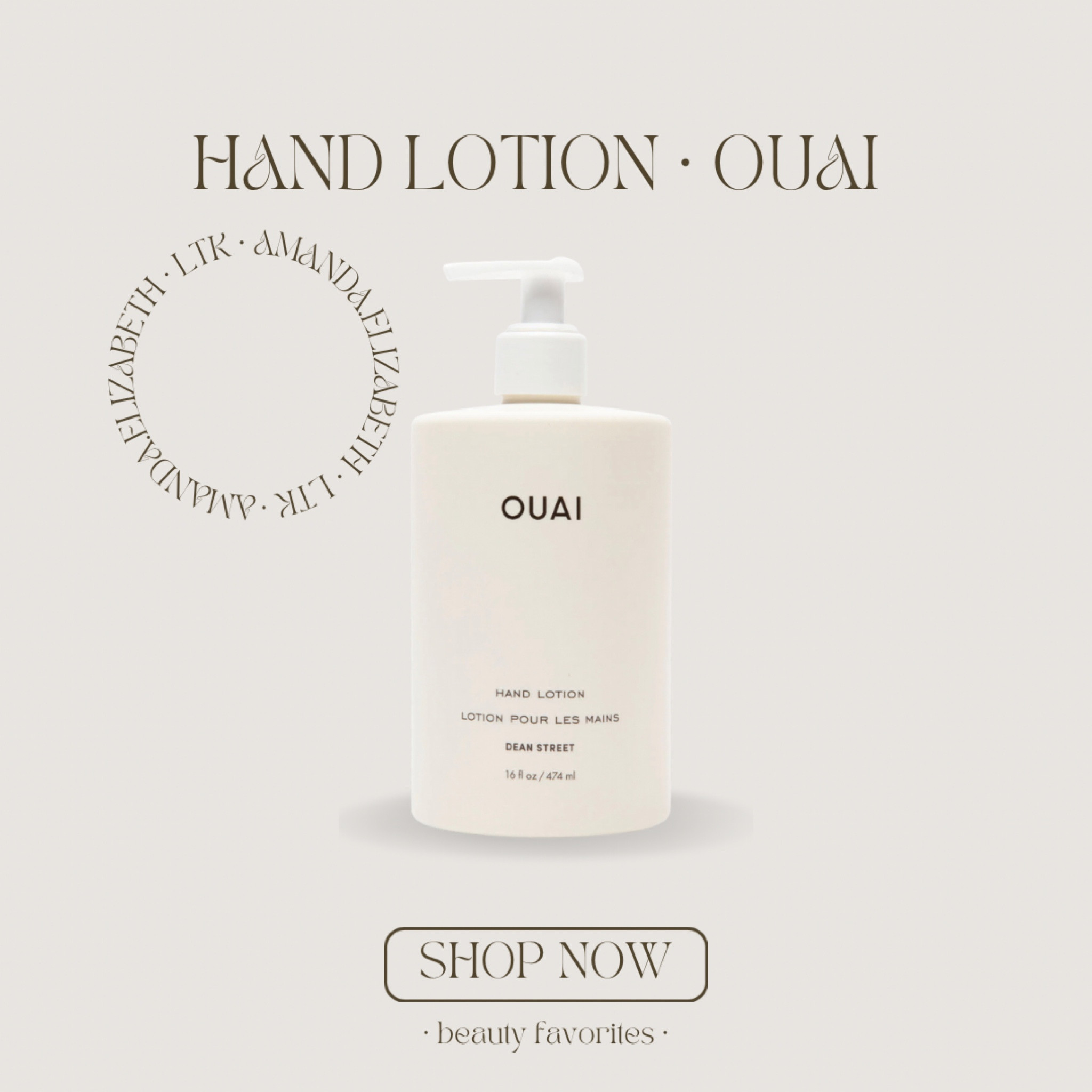 hand lotion by ouai 🤍 This lightweight lotion absorbs easily into skin, leaving your hands feeling replenished. It is scented with Dean Street, a floral fragrance with notes of citrus, rose, magnolia, and linden blossom. A lightweight hand lotion that moisturizes and hydrates with avocado, jojoba, and rosehip oils.

#LTKunder50 #LTKbeauty #LTKhome