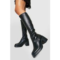 Womens Block Heel Platform Stretch Pu Knee High Boots - Black - 3, Black | Boohoo.com (UK & IE)