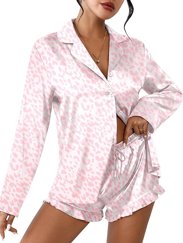 Ekouaer Womens Satin Pajama Sets Long Sleeve Top and Shorts Lounge Set Button Down Sleepwear | Amazon (US)