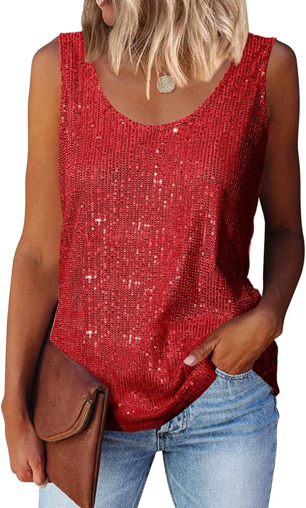MLEBR Womens Summer Fashion Sequin Tops Scoop Neck Sequin Sparkle Shimmer Sleeveless Tanks Tops B... | Amazon (US)