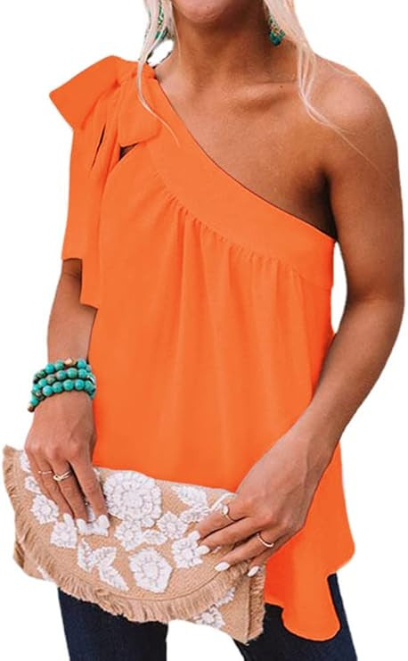 Guteidee Womens One Shoulder Tops Casual Tie Bow Knot Sleeveless Blouse Tunic Shirts | Amazon (US)