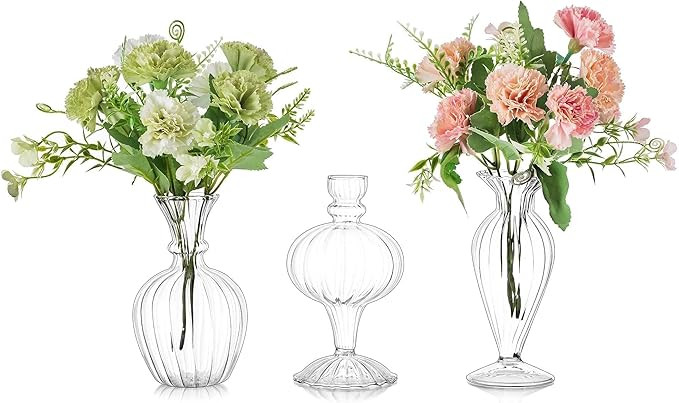 Glasseam Glass Small Bud Vases: Ribbed Clear Vase Set of 3 Modern Mini Vases for Centerpieces Flo... | Amazon (US)