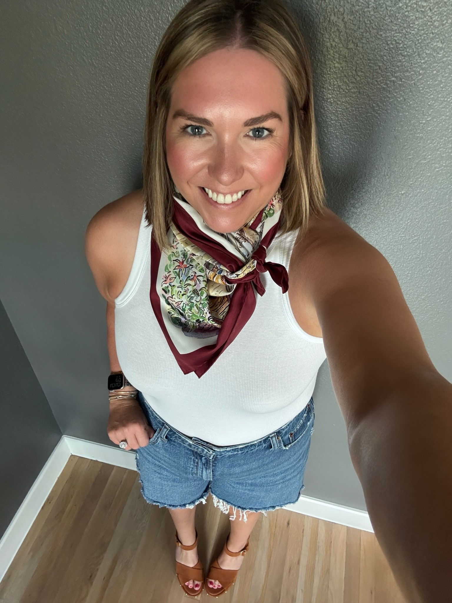 Went out to dinner and I couldn’t wait to wear my new Scarf from Florence. I linked a similar Gucci one but this one is Florence exclusive. I kept it casual with Jean shorts and a tank top. These wedges are so comfortable and perfect for Texas fall.

#LTKootd #LTKMidsize #LTKTravel
