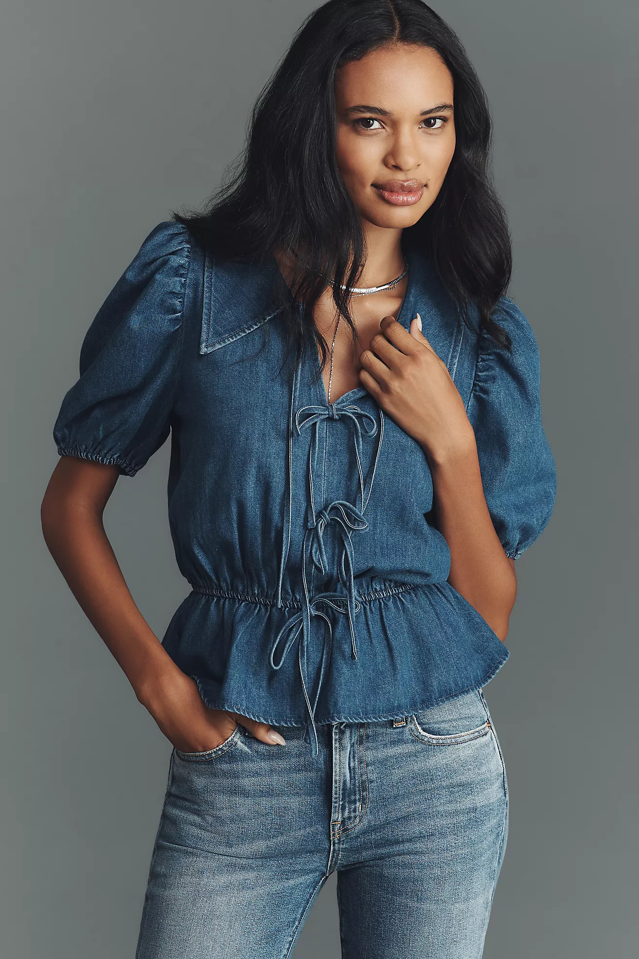 Mare Mare Puff-Sleeve Peplum Denim Top | Anthropologie (US)