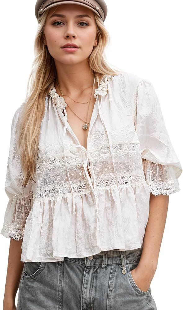 Women Tie Front Ruffle Boho Tops Lace Y2k Sheer Flowy Peasant Blouses Short Sleeve Lace Crop Shir... | Amazon (US)