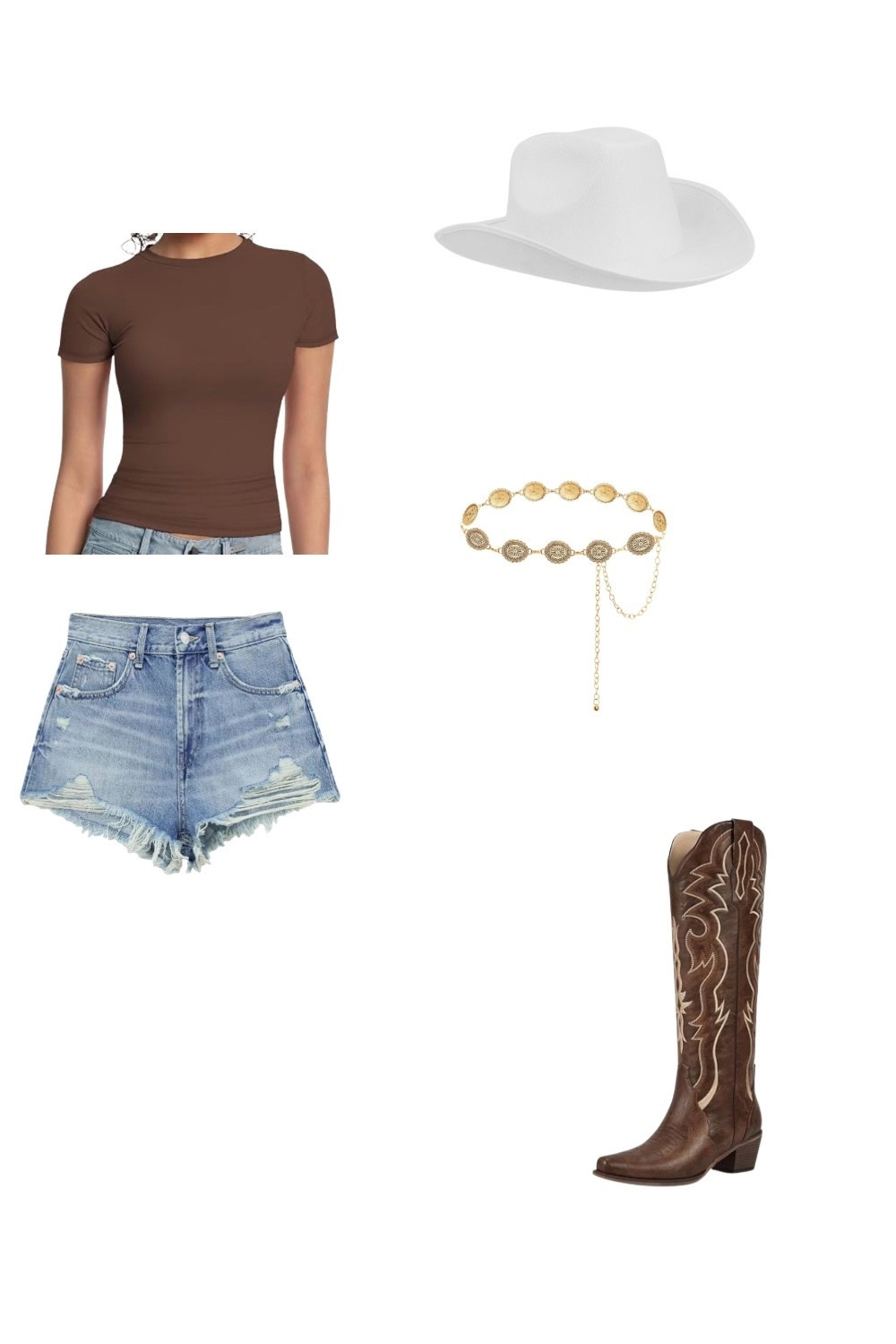 A modern cowgirl moment—this look pairs a fitted brown tee with high-rise distressed denim shorts and tall western boots. The white cowboy hat adds a statement pop, while the gold concho belt brings in a touch of western glam. Ideal for concerts, festivals, or any southern-inspired outing.


#LTKSeasonal #LTKHoliday #LTKStyleTip
