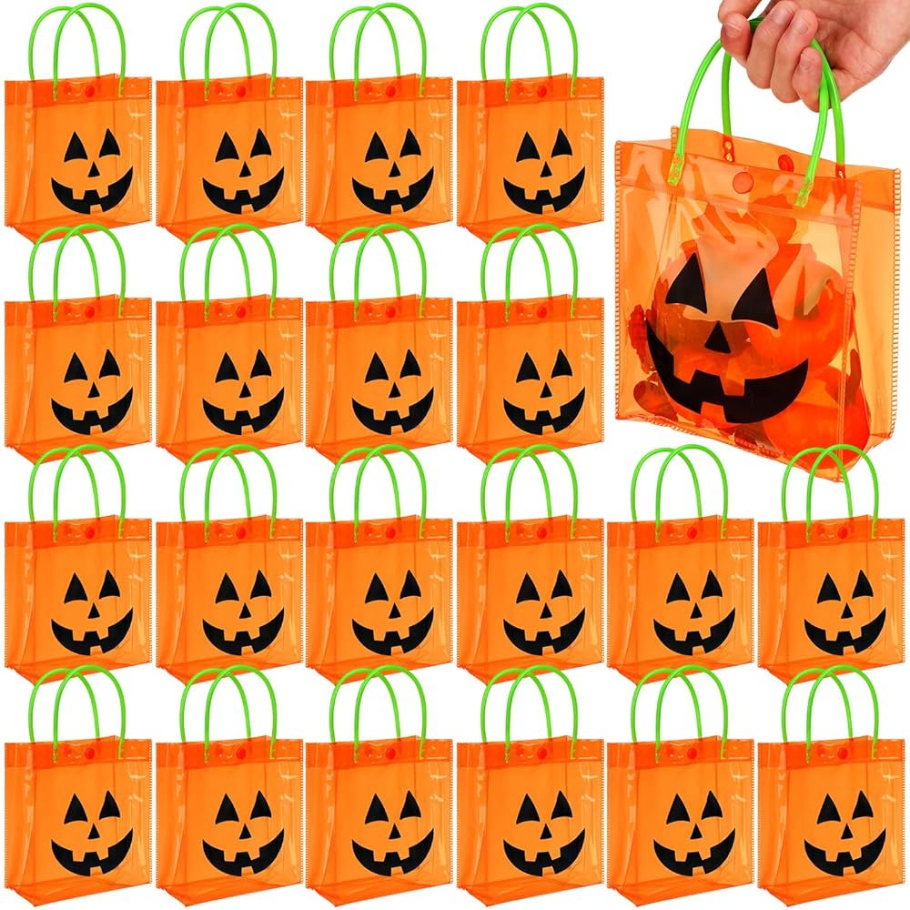 Sweetude 24 Packs Halloween Plastic Pumpkin Bags with Handles Halloween Jack O Lantern Pumpkin Pa... | Amazon (US)