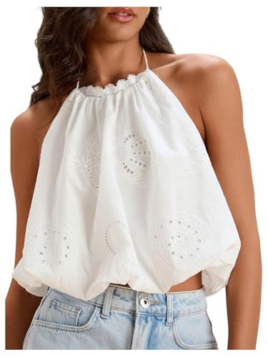 WDIRARA Women's Eyelet Embroidery Bubble Halter Tops Tie Backless Sleeveless Crop Tops | Amazon (US)