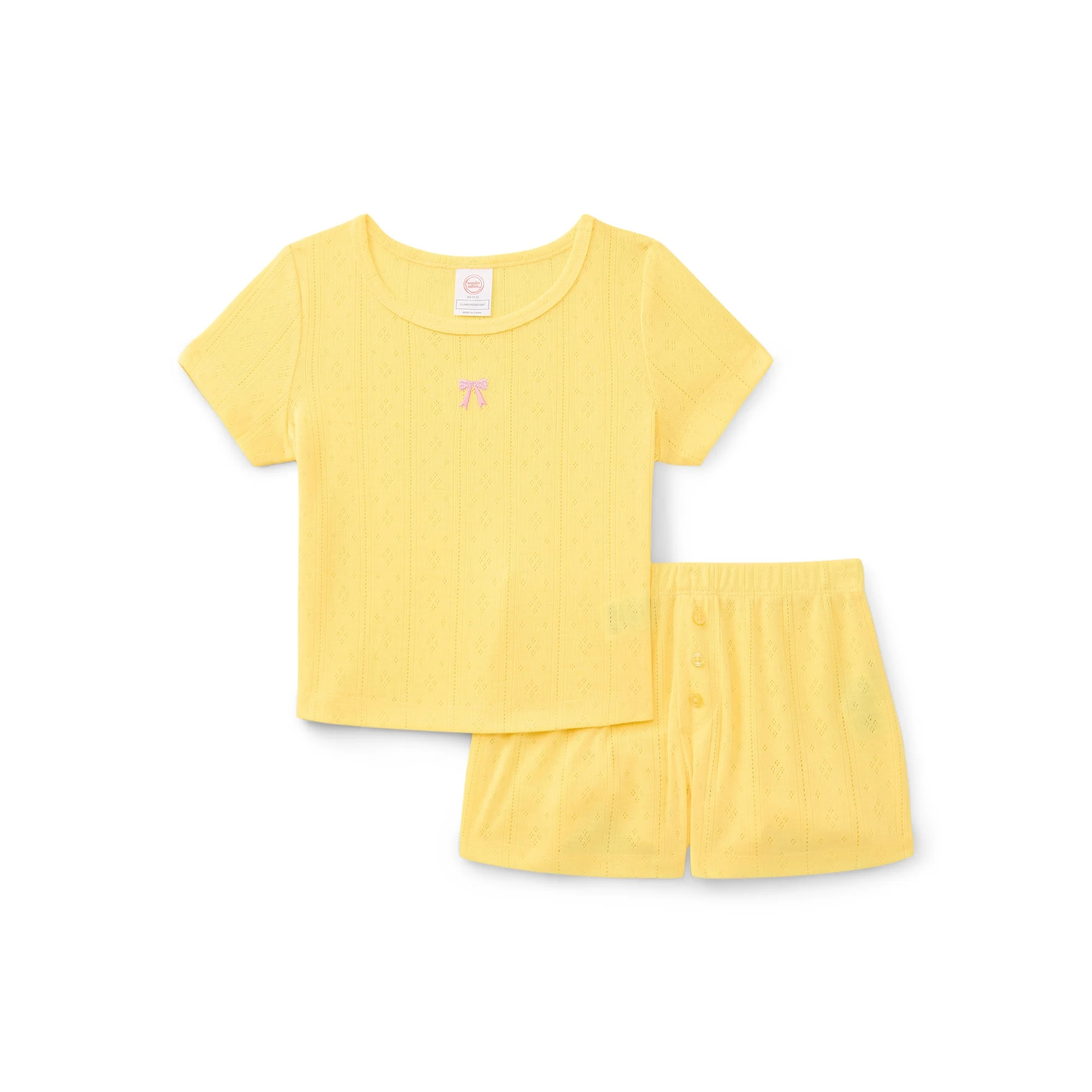 Wonder Nation Girls Pointelle Short Sleeve Top and Shorts Pajama Set, 2-Piece, Sizes 4-18 | Walmart (US)
