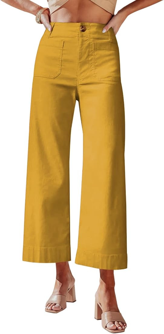 miduo Womens High Waisted Cropped Wide Leg Stretchy Straight Pants Trousers with Pockets | Amazon (US)