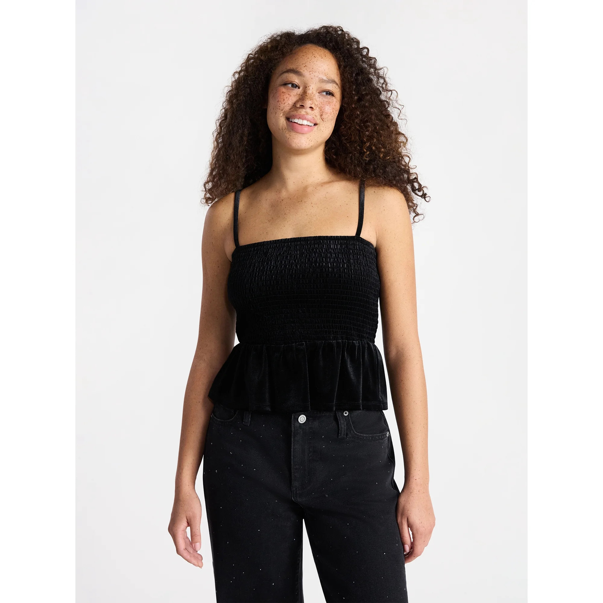 No Boundaries Velvet Smocked Peplum Cami, Women's | Walmart (US)