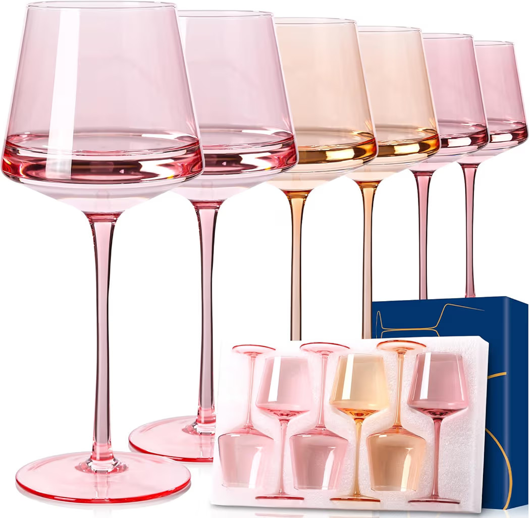 Pink wine glasses set-Pink Colored Wine Glasses Set of 6 -light peach wine glasses Gifts for Women Hand-Blown colored Glasses-Bachelorette, Party, Celebration, Birthday | Amazon (US)