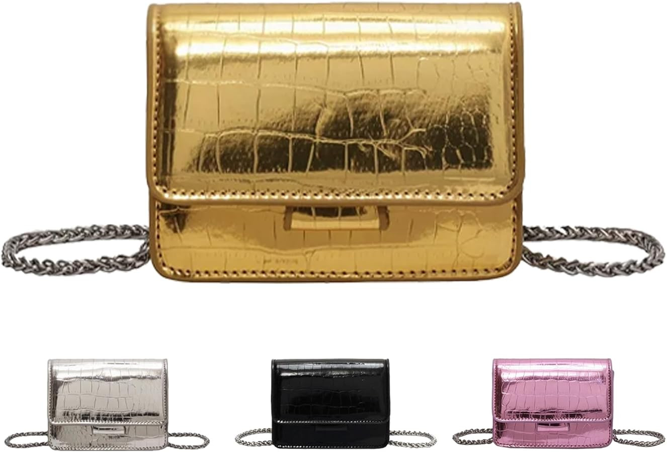 Mini Crossbody Bag for Women – Patent Leather Crocodile Purse with Silver Chain Strap, Small Cl... | Amazon (US)