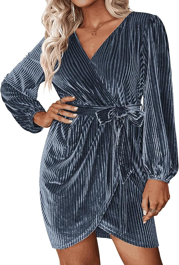 IN'VOLAND Womens Plus Size Long Sleeve Wrap Semi Formal Velvet Mini Dress Sexy V Neck Cocktail Pa... | Amazon (US)