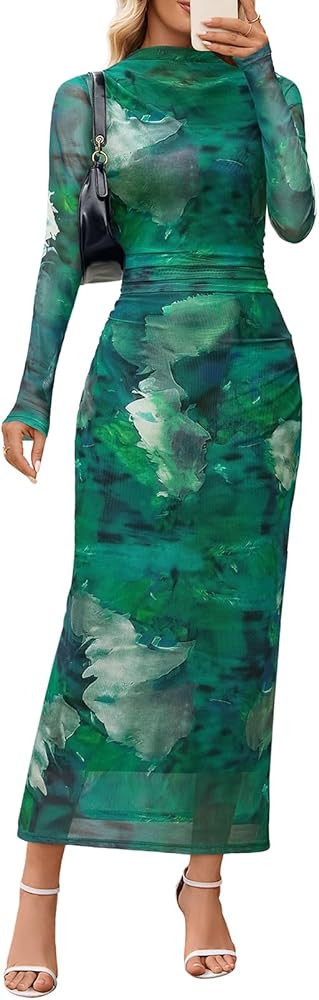 MEROKEETY Women's Spring Wedding Guest Dress 2026 Long Sleeve Bodycon Floral Mesh Fall Cocktail H... | Amazon (US)