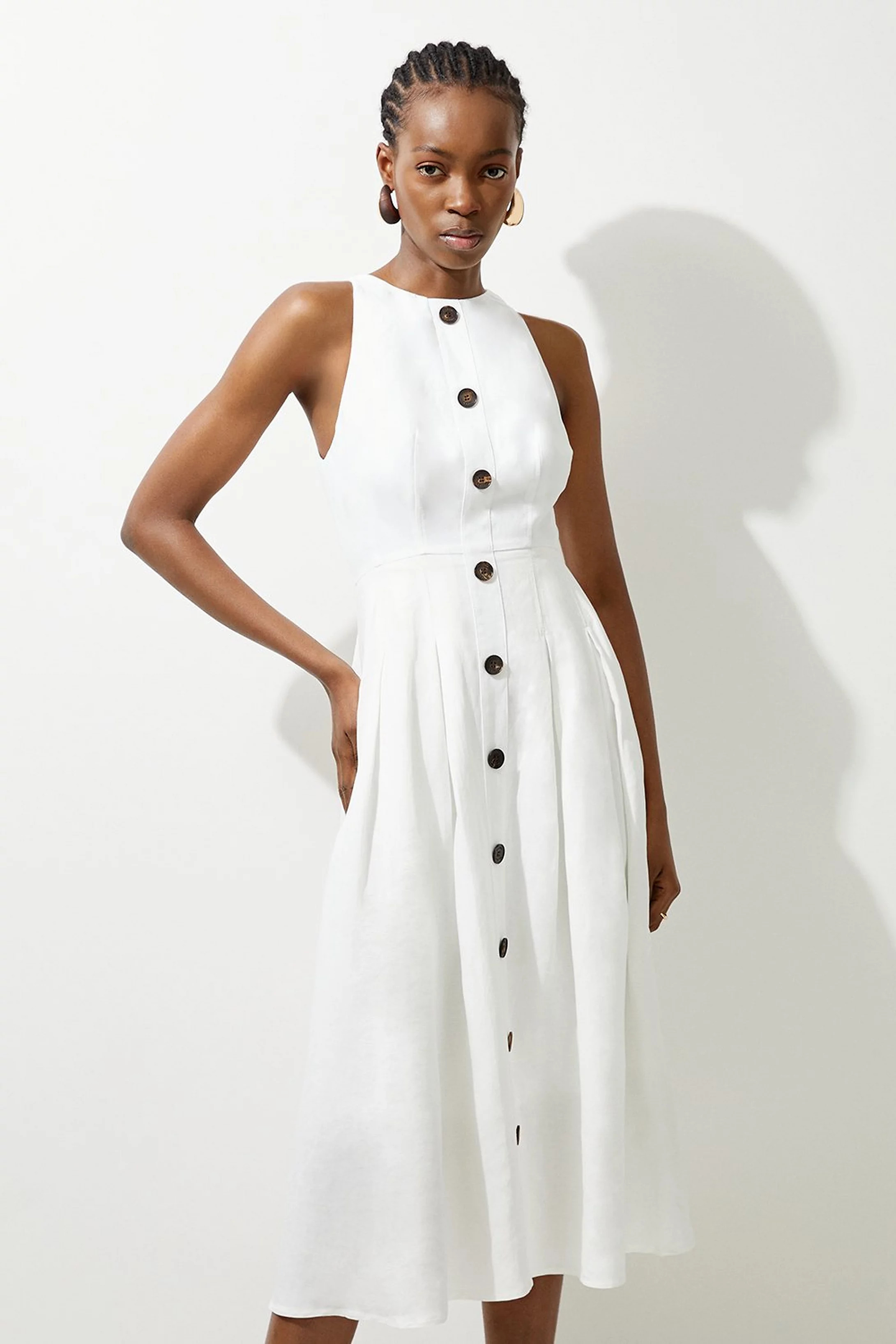 Premium Linen Tailored Button Through Full Skirted Midi Dress | Karen Millen UK + IE + DE + NL