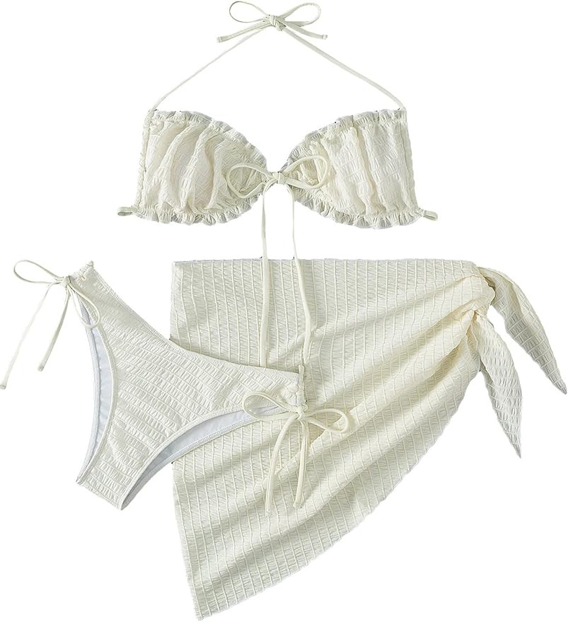 GORGLITTER Women's 3 Piece High Waisted Thong Triangle Ruffle Bikini Set Swimsuit with Cover Up S... | Amazon (US)