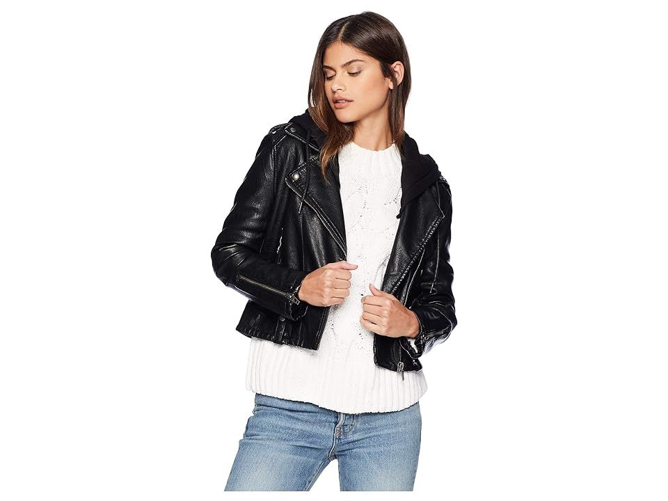 Blank NYC Black Vegan Leather Jacket with Hooded Detail in Neo (Neo) Women's Coat | Zappos
