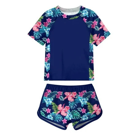 Aideaone Girls Short Sleeve Swimsuit 2-Piece Tankini Rash Guard Bathing Suit Sets Beach Swimwear 8-14T | Walmart (US)
