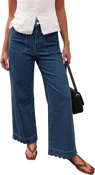 GRAPENT Jeans for Women Scalloped Straight Leg Ankle Stretchy Denim Pants | Amazon (US)