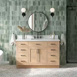 ARIEL Hepburn 54 in. Single Sink Freestanding Bathroom Vanity in Oak with Pure White Quartz Top T... | The Home Depot