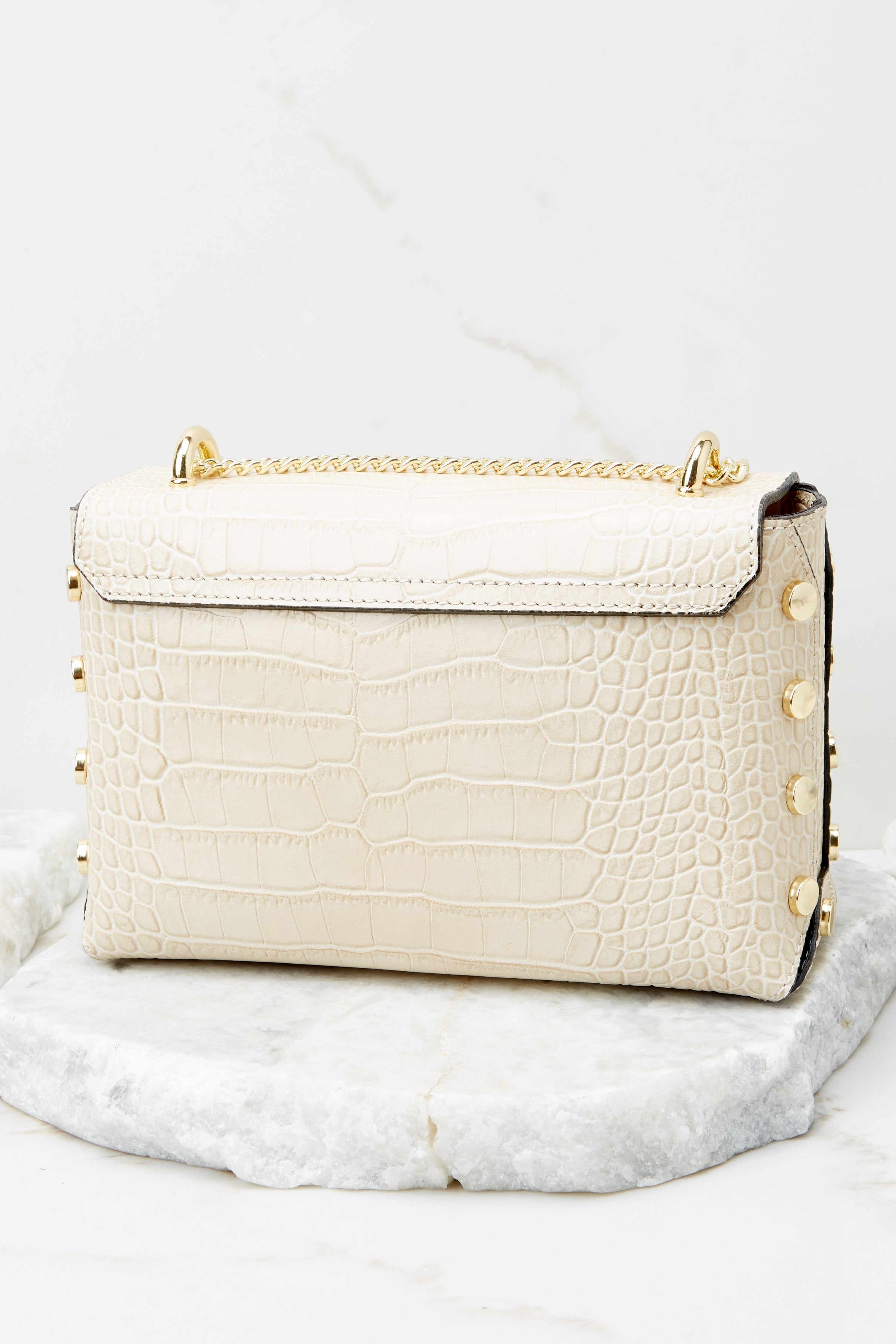 Embellished Edge Cream Snake Print Studded Bag | Red Dress 