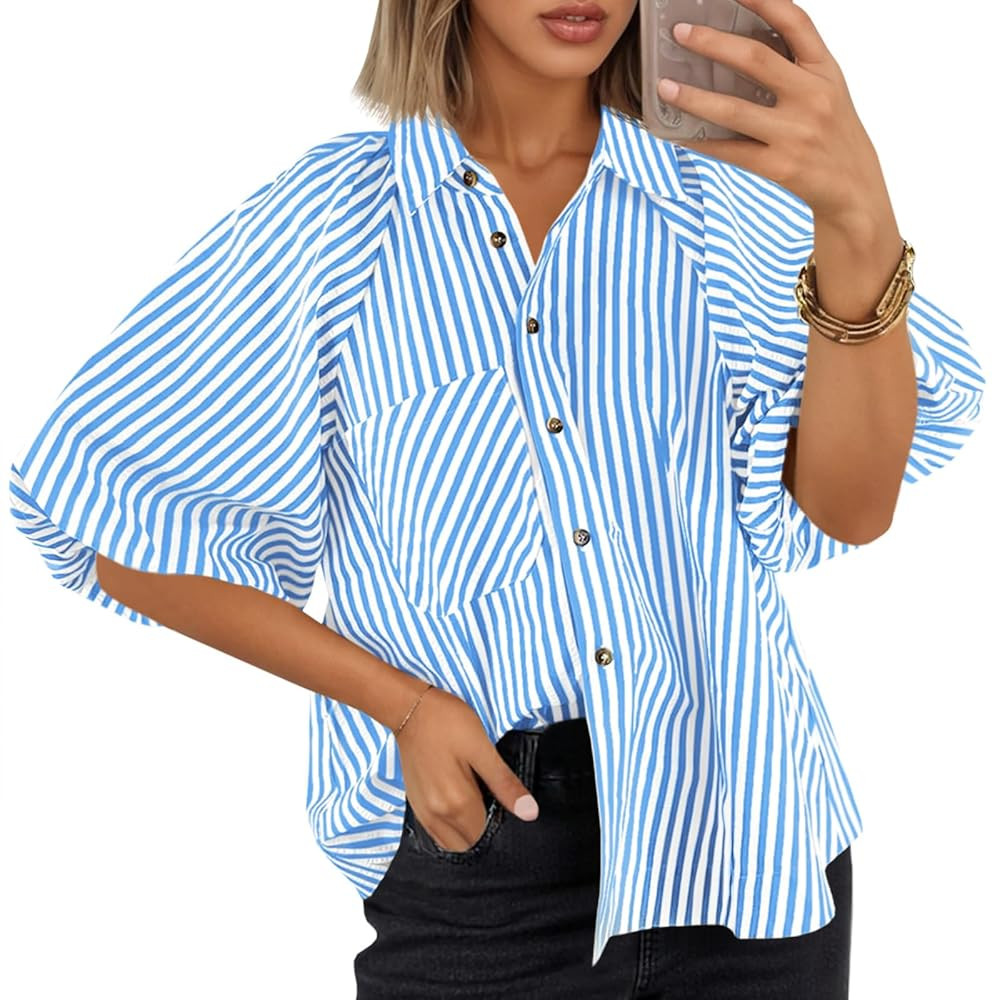 Tankaneo Womens Short Puff Sleeve Button Down Shirts Striped Trendy Casual Loose Fit Blouse V Nec... | Amazon (US)