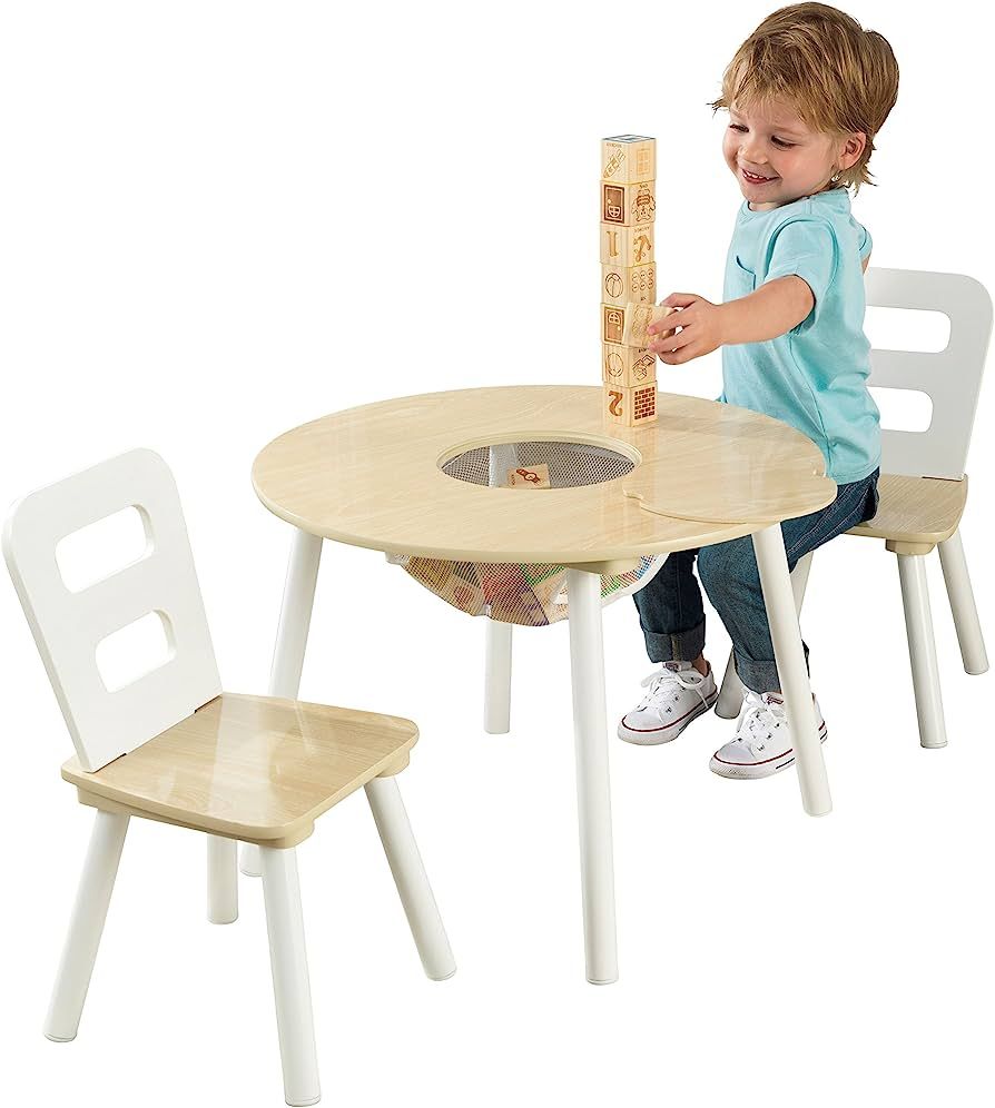 KidKraft Wooden Round Table & 2 Chair Set with Center Mesh Storage - Natural & White, Gift for Ag... | Amazon (US)