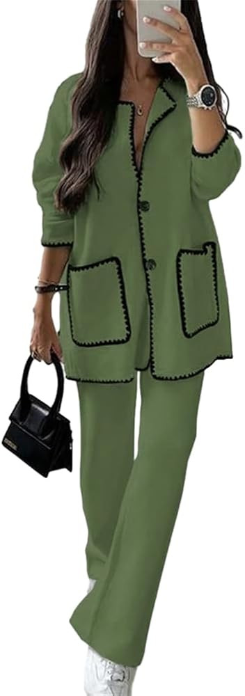 HOULENGS Women's 2 Piece Outfits Button Down Contrast Cardigan Sets Wide Leg Long Pants Lounge Se... | Amazon (US)