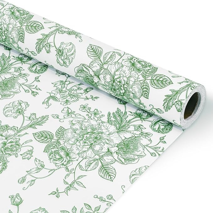 JarThenaAMCS Floral Wrapping Paper Mini Roll 17in x 32.8Ft Green White Flowers Gift Wrap Paper Ch... | Amazon (US)
