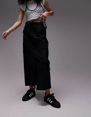 Topshop elasticated waist nylon midi skirt with pockets in black | ASOS (Global)