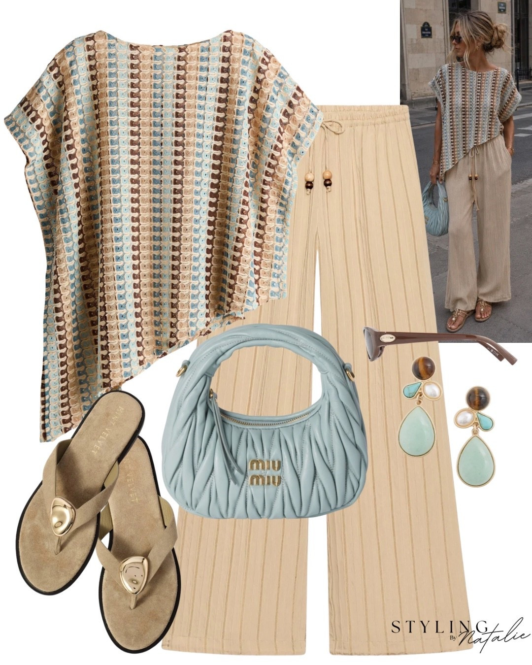 Stripe knit cape top, pull on drawstring trousers, Miu Miu bag, sided thong sandals and blue le specs sunglasses.
Summer outfit, elevated casual, vacation look, holiday outfit, co ord set style.

#LTKsummer #LTKuk #LTKeurope