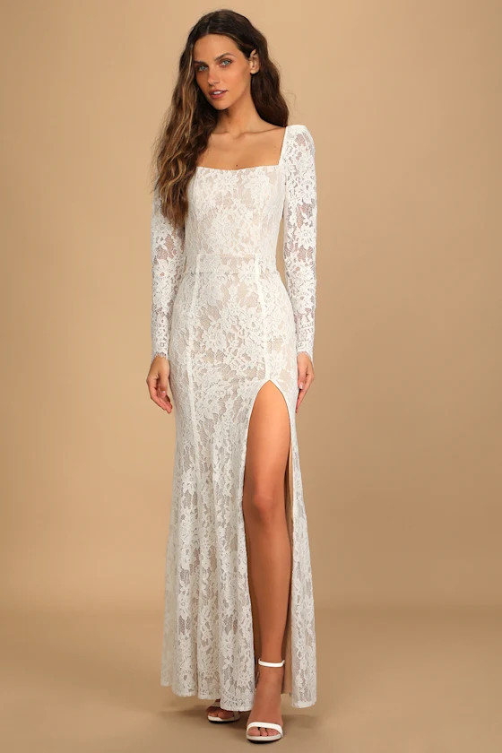 Together in Bliss White Lace Long Sleeve Mermaid Maxi Dress | Lulus (US)