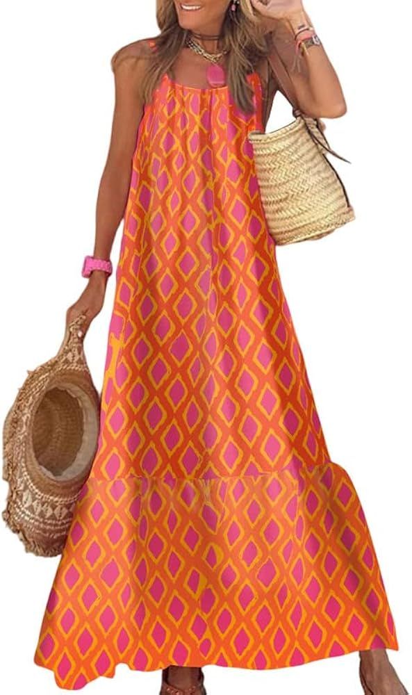 Dokotoo Women Summer Dresses 2023 Spaghetti Strap Scoop Neck Smocked Ruffle Flowy Boho Maxi Dress | Amazon (US)