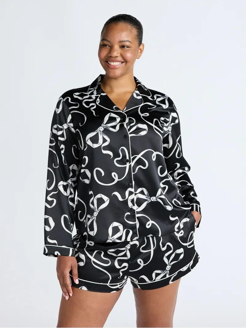 Joyspun Women’s Stretch Satin Notch Long Sleeve Top and Shorts Pajama Set, 2-Piece, Sizes XS-3X | Walmart (US)