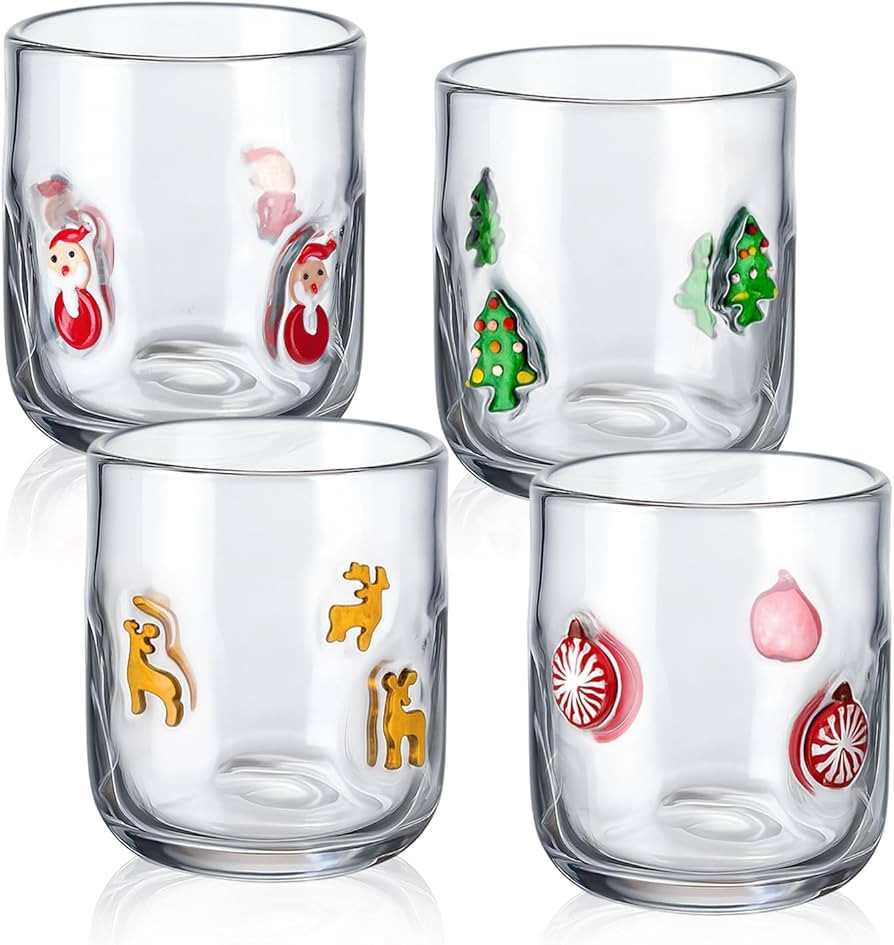 4 Pcs Christmas Icon Juice Glass Cups 14 oz Christmas Tree Santa Claus Elk Xmas Balls Holiday Par... | Amazon (US)
