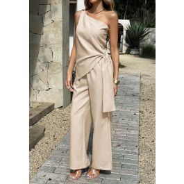 Asymmetrical One-Shoulder Side Knot Top and Pants Set for Resort Wear & Brunch Dates | Chicwish