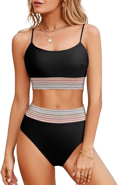 Herseas Women's Bikini Sets Colorblock Trim 2 Piece High Waisted Swimsuit Scoop Neck Adjustable S... | Amazon (US)