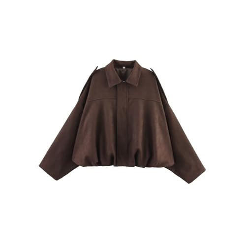 Women's Faux Suede Bomber Jacket, Lapel Long Sleeve Motorcycle Cropped Coat, Casual Oversized with Zipper, Streetwear Coats (Coffee,Small) | Amazon (US)