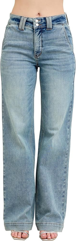 Judy Blue Womens Jeans - High Waisted Double Button Waistband Wide Leg | Amazon (US)