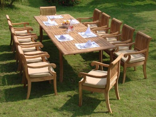 TeakStation 12 Seater Grade-A Teak Wood 13pc Dining Set: 117" Double Extension Rectangle Table 12 Gi | Amazon (US)