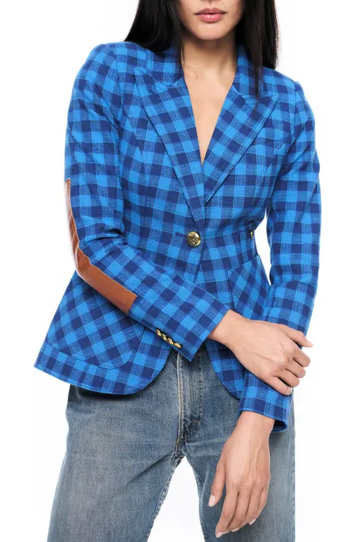 Smythe Check Leather Detail Cotton Blend Jacket in Blue Check W/Whiskey at Nordstrom, Size 0 | Nordstrom