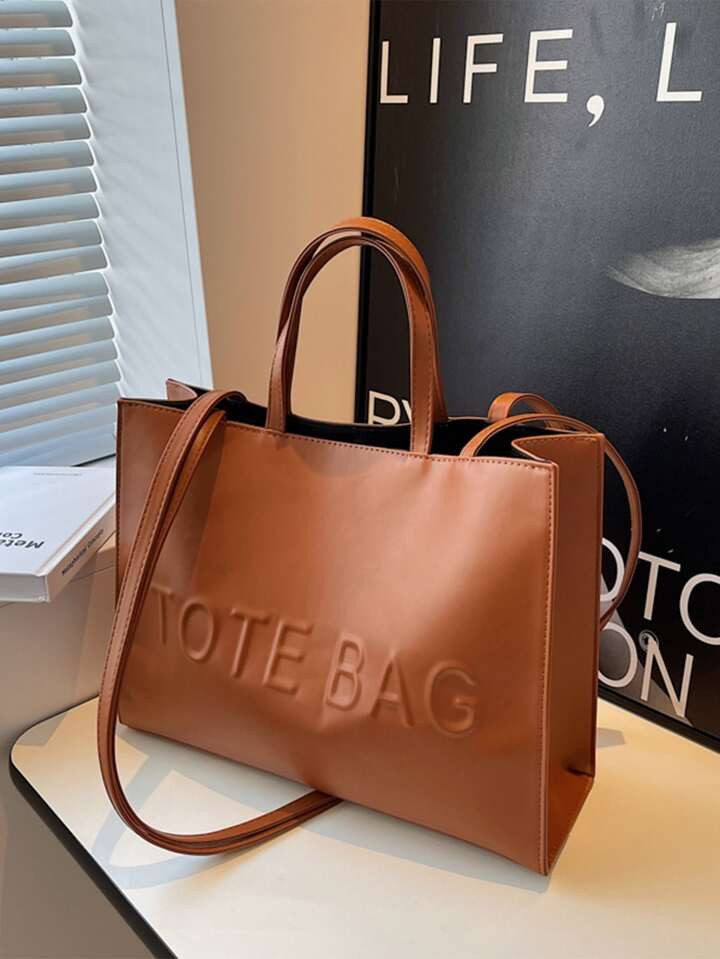 Vintage Retro 1pc Fashionable Pu Leather Tote Bag With Pure Color & Letter Design, Large Capacity | SHEIN
