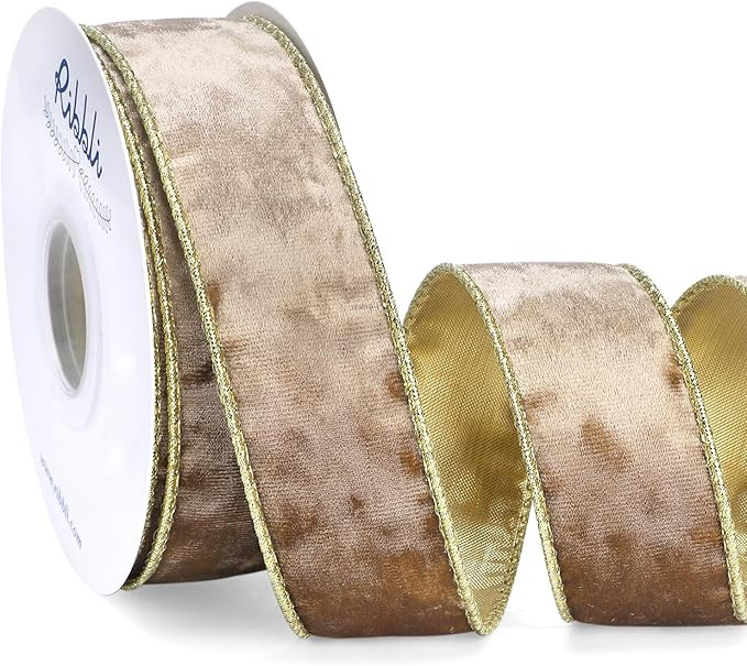 Ribbli Camel Velvet Wired Ribbon 1.5 Inch Metallic Khaki Gold Crushed Velvet Christmas Ribbon for... | Amazon (US)