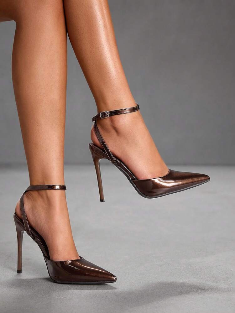 CUCCOO SZL Women's Coffee Color Pearlescent Pointed Toe Stiletto High Heel Sexy Evening Party Pumps With Ankle Strap For Christmas | SHEIN