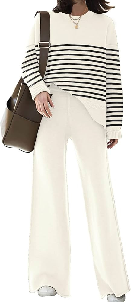Womens Lounge Sets Knitted Sweatsuit Sets 2 Piece Outfits with Sweater Tops and Wide Leg Sweatpants | Amazon (US)