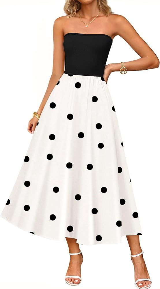 ZESICA Women's 2025 Summer Boho Strapless Midi Dress Off Shoulder Polka Dot Printed Flowy A Line ... | Amazon (US)